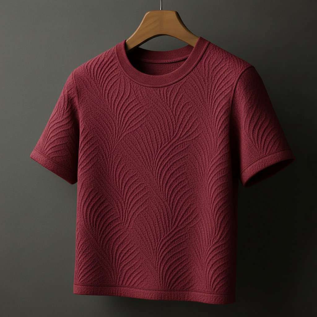 Elegant Embossed T-Shirt with Leaf Texture - Maroon