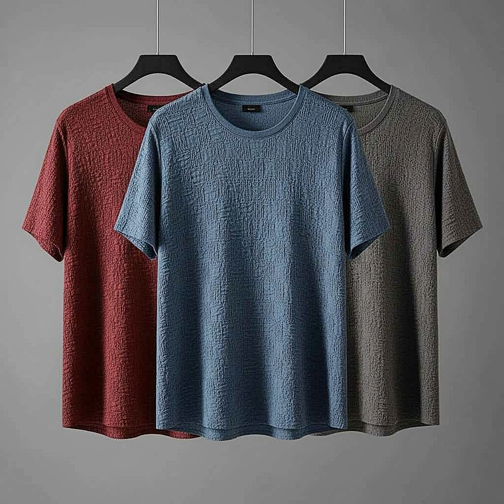 Textured T-Shirt Combo Set in Red, Blue, and Gray