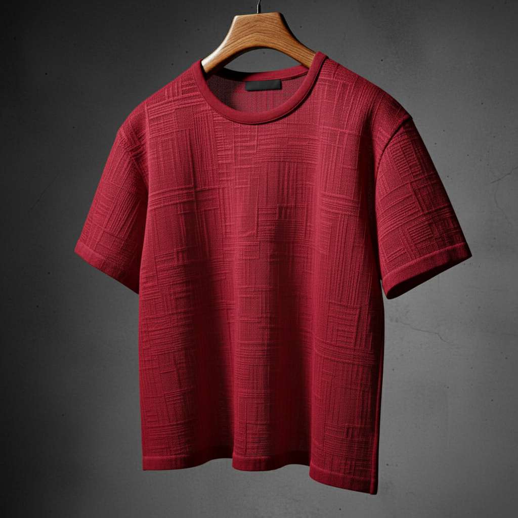 Monochromatic Textured Grid T-Shirt - Maroon
