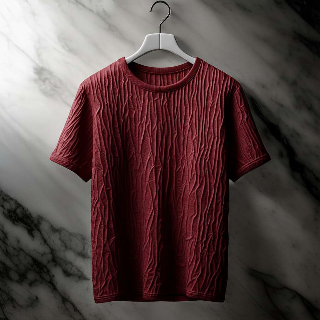 Crumpled Fabric Texture T-Shirt - Maroon