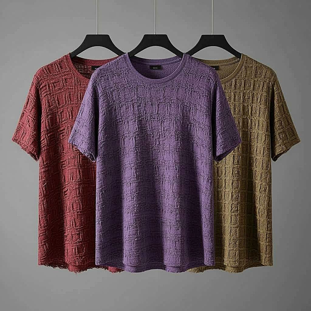 Textured T-Shirt Trio in Burgundy, Purple, and Olive Green