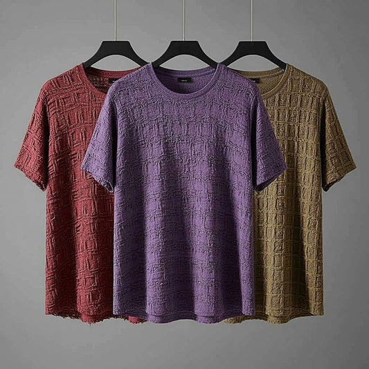 Textured T-Shirt Trio in Burgundy, Purple, and Olive Green