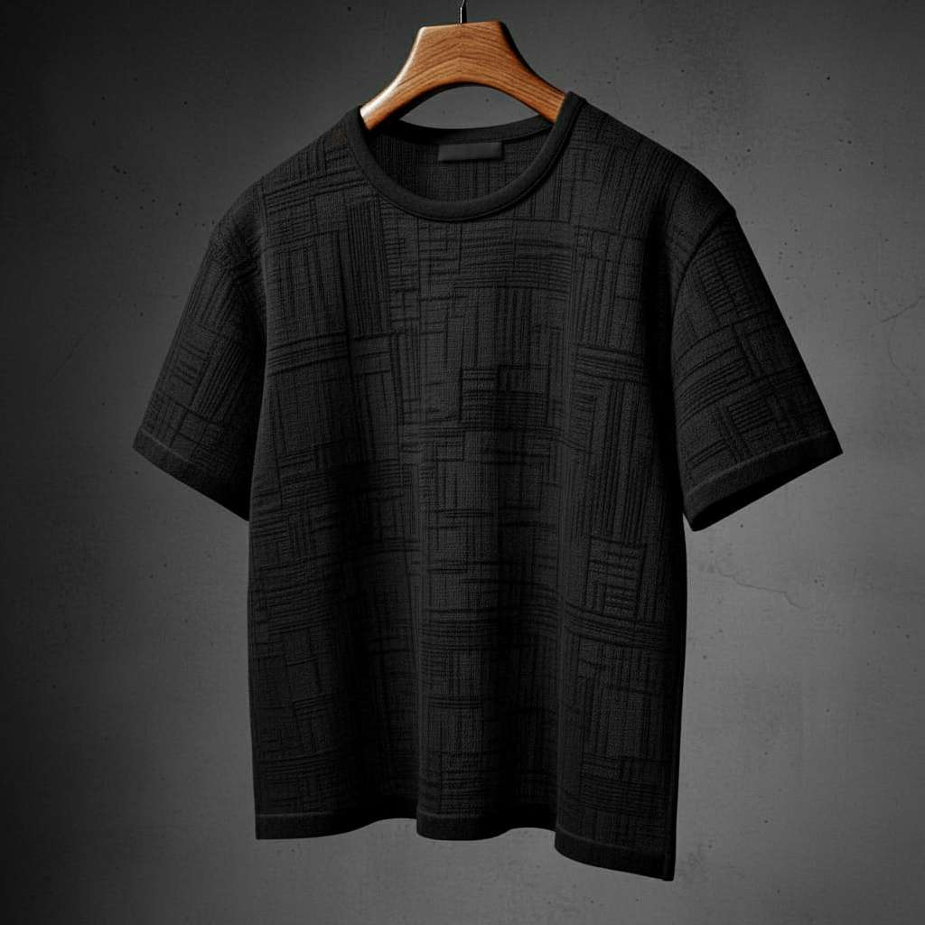 Monochromatic Textured Grid T-Shirt - Black