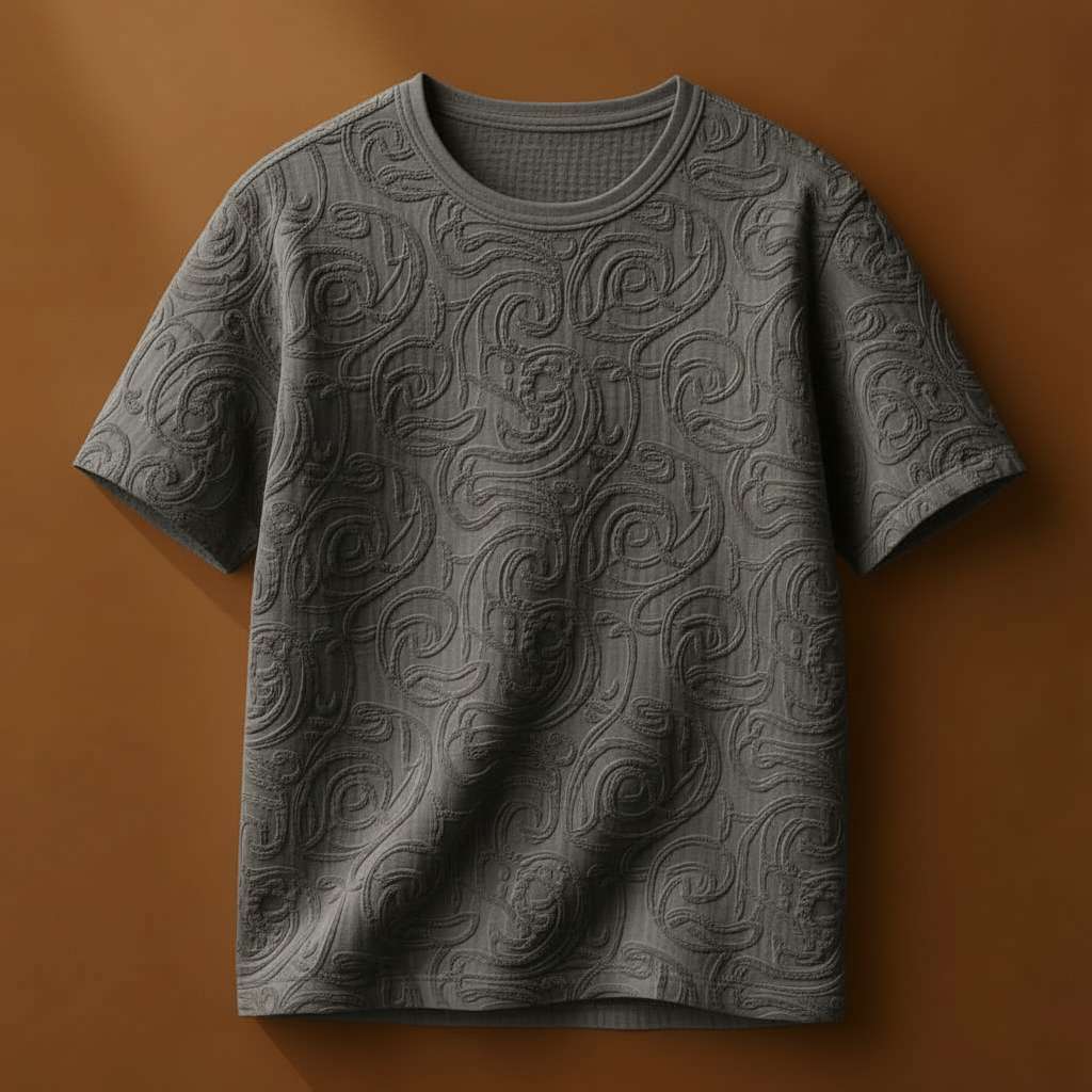 Embossed White T-Shirt with Abstract Patterns - Grey