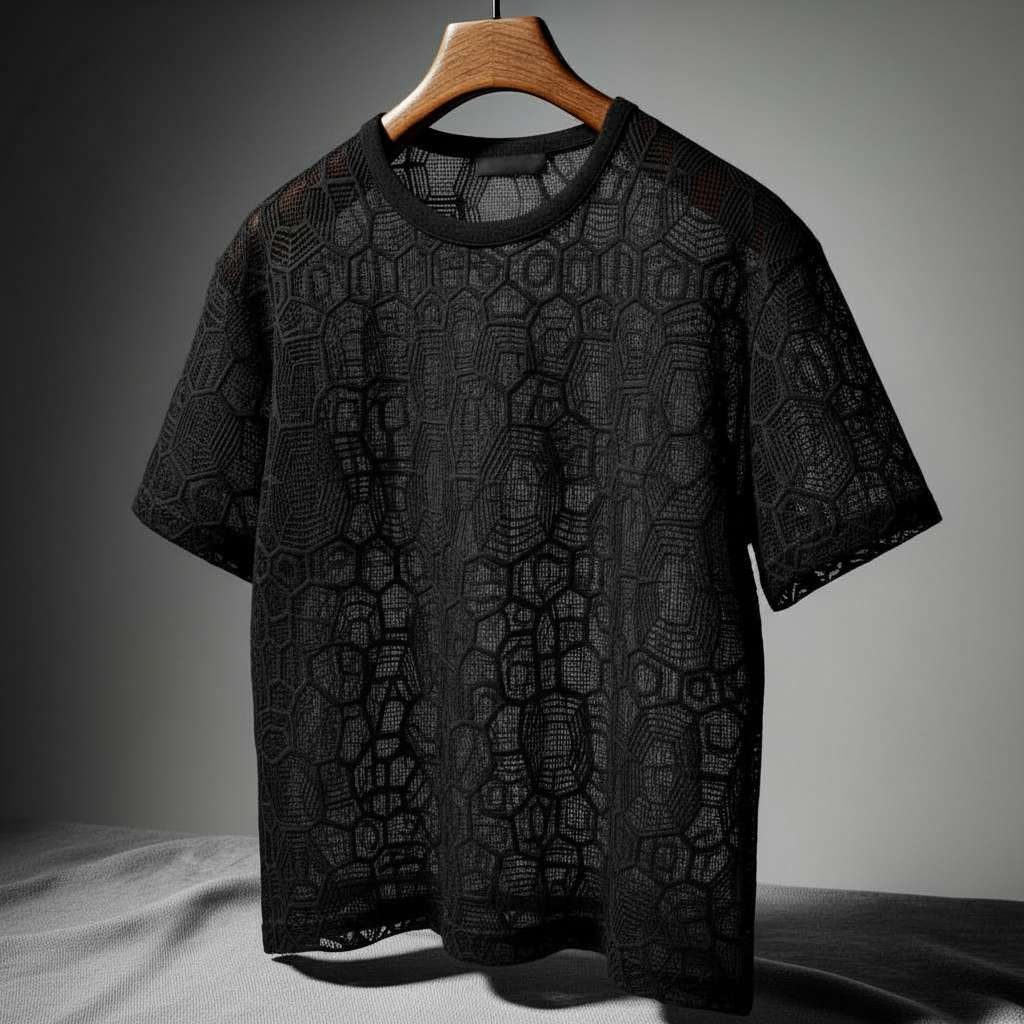 Elegant Geometric Lace T-Shirt - Black