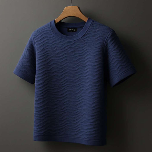 Embossed Wave White T-Shirt - Navy