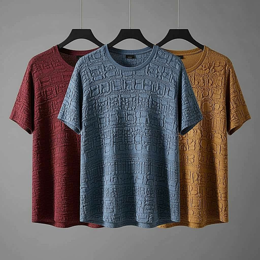 Textured T-Shirt in Maroon, Blue, and Mustard