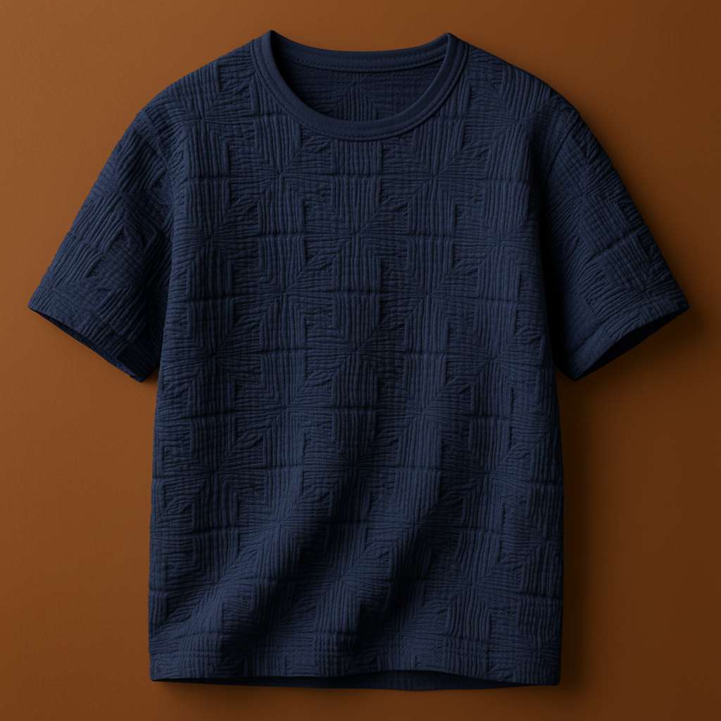 Minimalistic White T-Shirt with Textured Grid Pattern - Navy