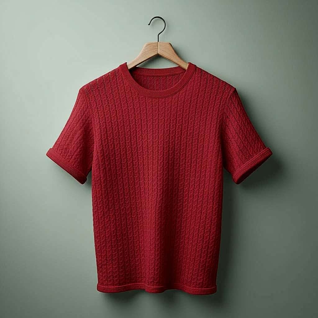 Textured White T-Shirt with Minimalist Design - Maroon
