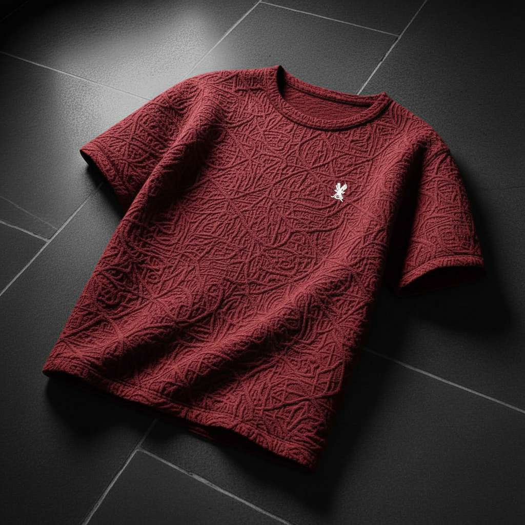 Embossed Texture T-Shirt with Minimalist Graphic - Maroon