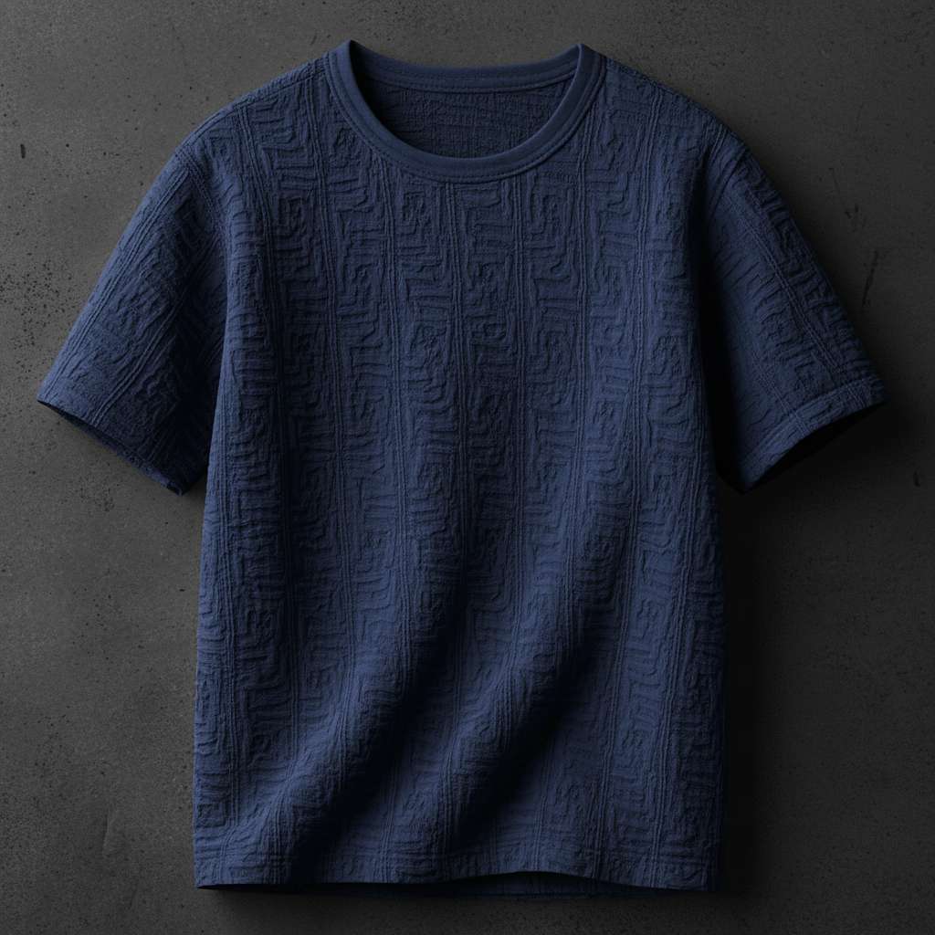 Elegant Embossed White T-Shirt - Navy