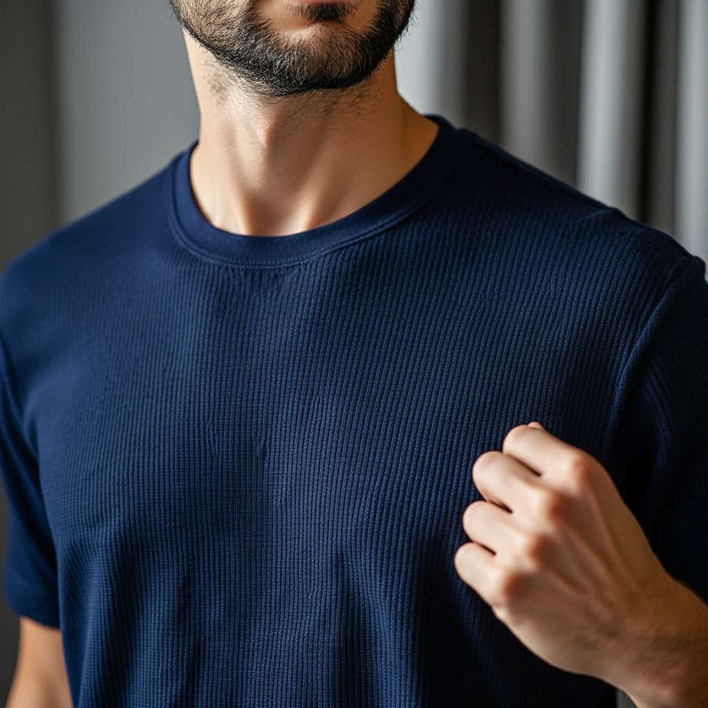 Plain White Ribbed T-Shirt - Navy