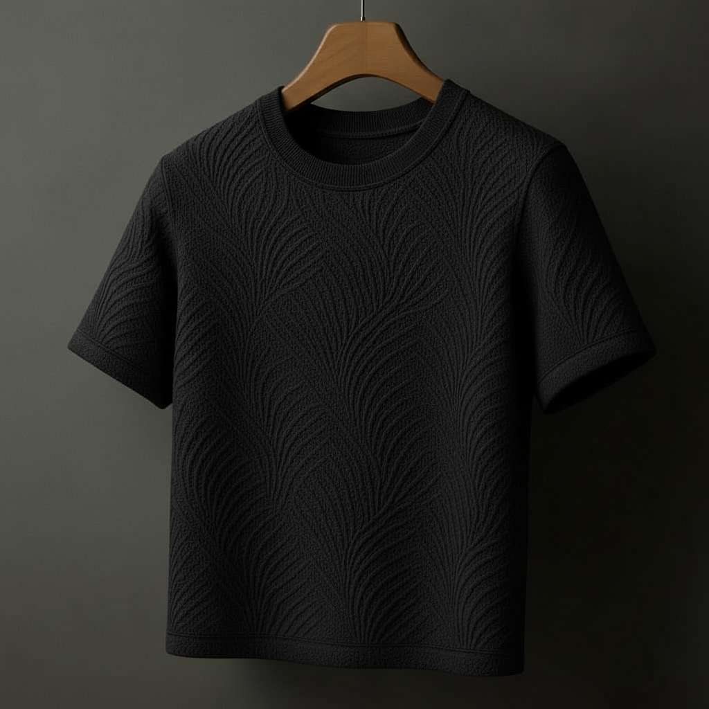 Elegant Embossed T-Shirt with Leaf Texture - Black