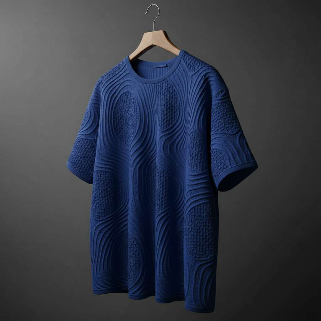 Textured Monochrome T-Shirt with Geometric Design - Navy