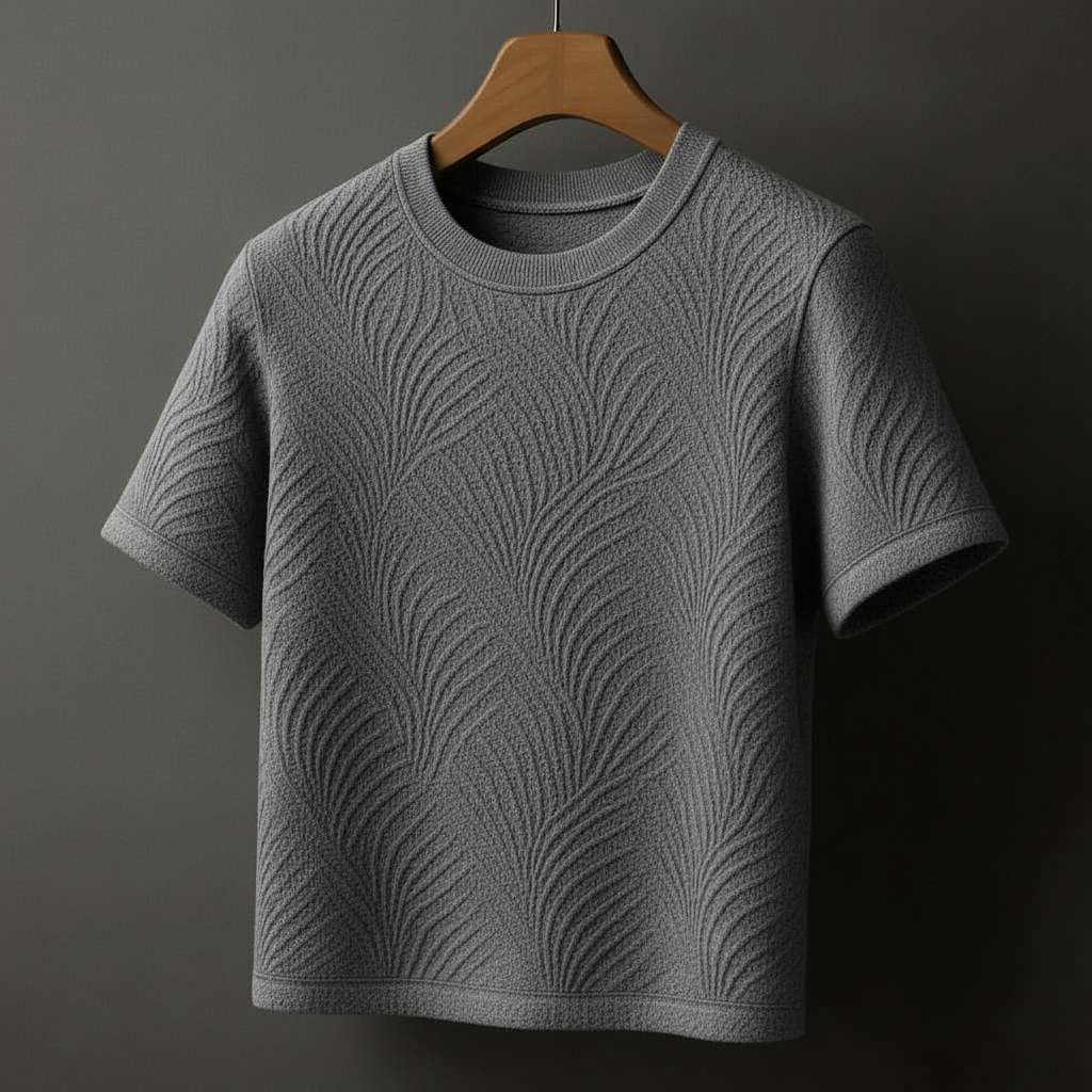 Elegant Embossed T-Shirt with Leaf Texture - Grey