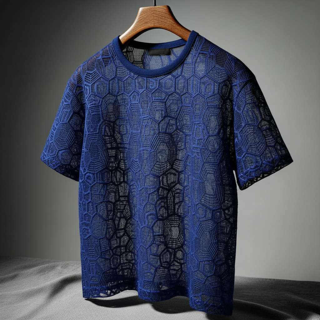 Elegant Geometric Lace T-Shirt - Navy