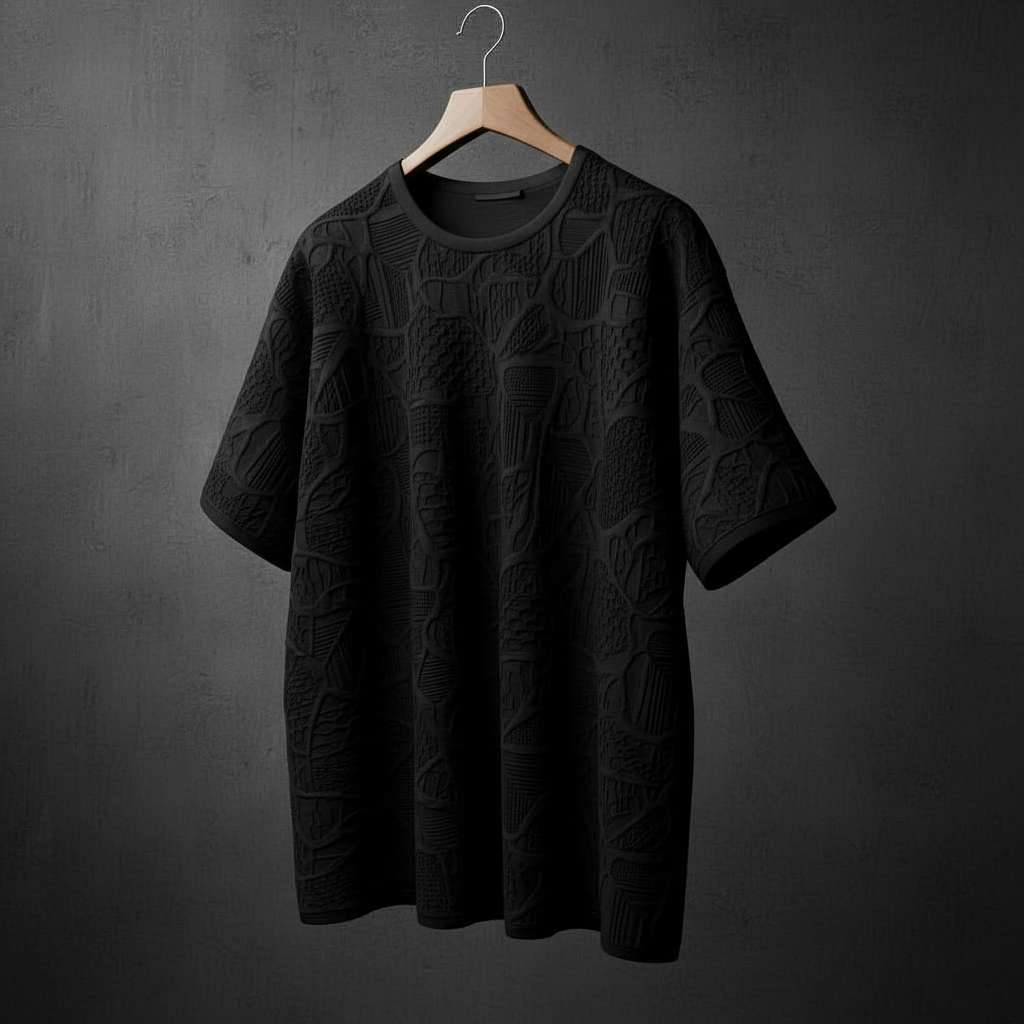 Embossed Textured White T-Shirt - Black