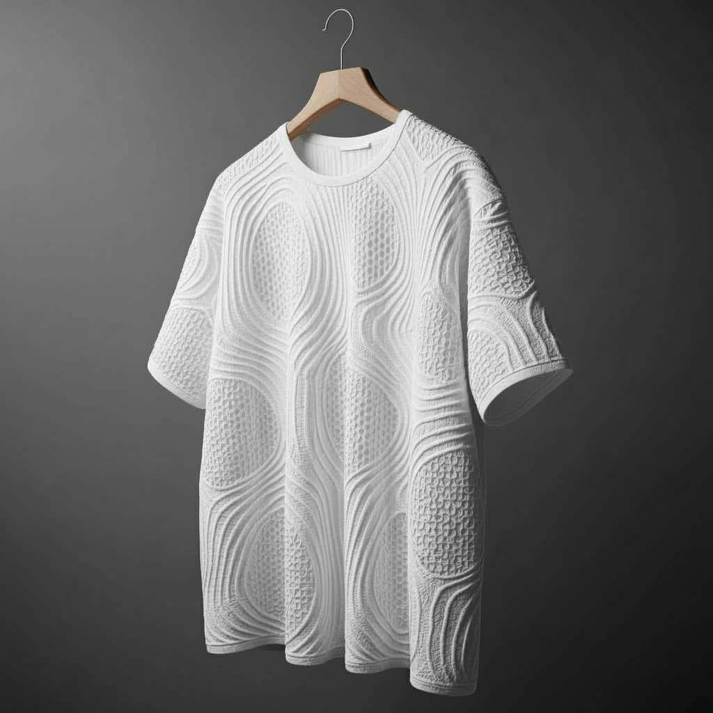 Textured Monochrome T-Shirt with Geometric Design - White