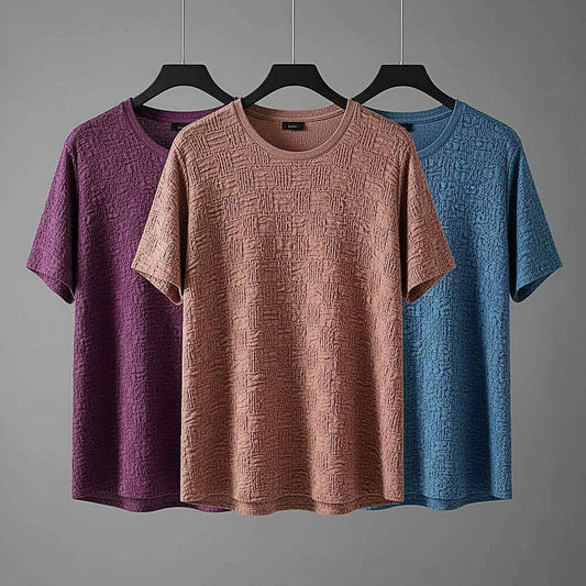 Textured T-Shirt Set: Purple, Brown, and Blue