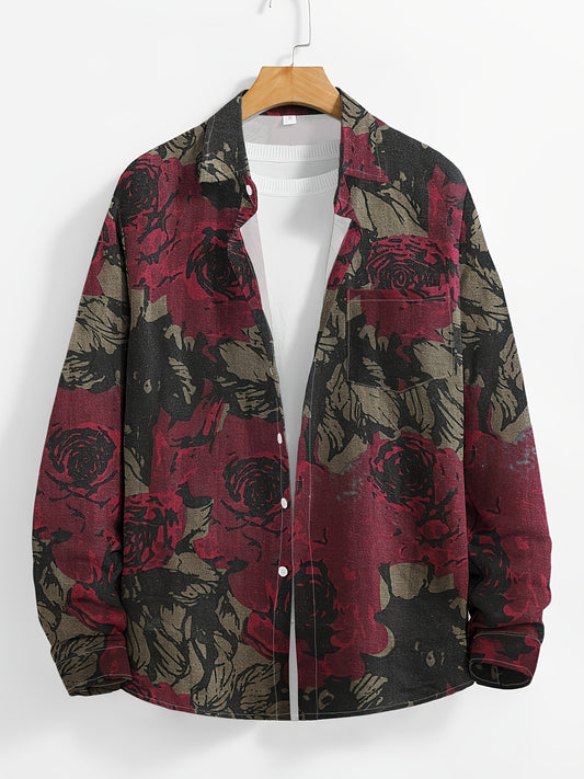 [Floral Button-Up Shirt] Men's Floral Button-Up Long Sleeve Shirt | Formal & Casual Blouse in Brown/Black/Beige, Non-Stretch Fabric for Office & Semi-Formal Events - Spring/Fall Clothing - Chinese Size (Check Size Guide)