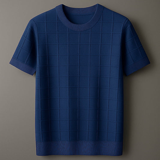 Navy Blue Grid Pattern T-Shirt for Timeless Style